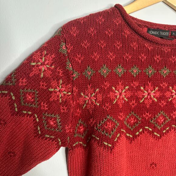 Nomadic Traders Women’s Red Winter Print Cotton‎ Blend Heavy Sweater Size S - Picture 4 of 5